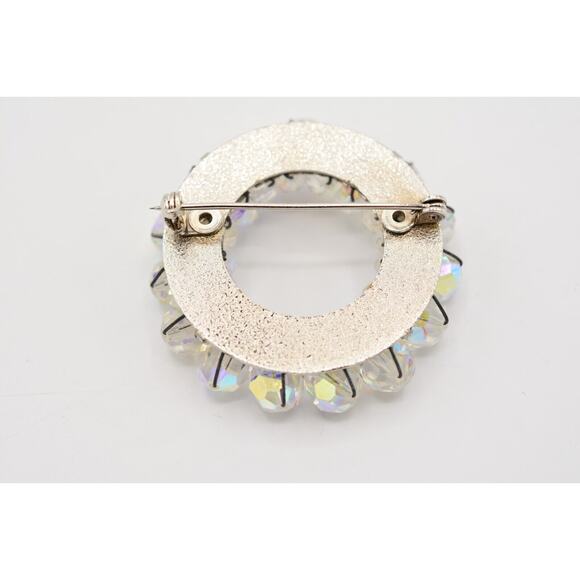 Vintage Crystal Pin Brooch Aurora Borealis AB Cluster Round Wreath 1980s Bin5B - Picture 11 of 12